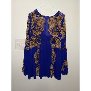 Free People Symphony Bell Sleeve Dress Royal Blue & Gold Size S NWT $98 MSRP
